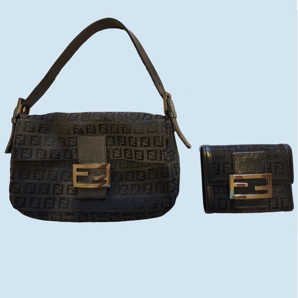 * SOLD * Authentic Fendi Black Zucchino Mini Mama Baguette & Matching Wallet Set